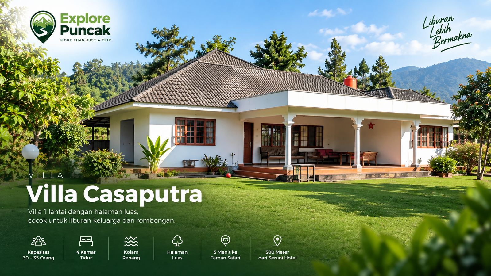 Villa Casaputra Puncak dekat Taman Safari dengan halaman luas, kolam renang dan kapasitas hingga 35 orang.