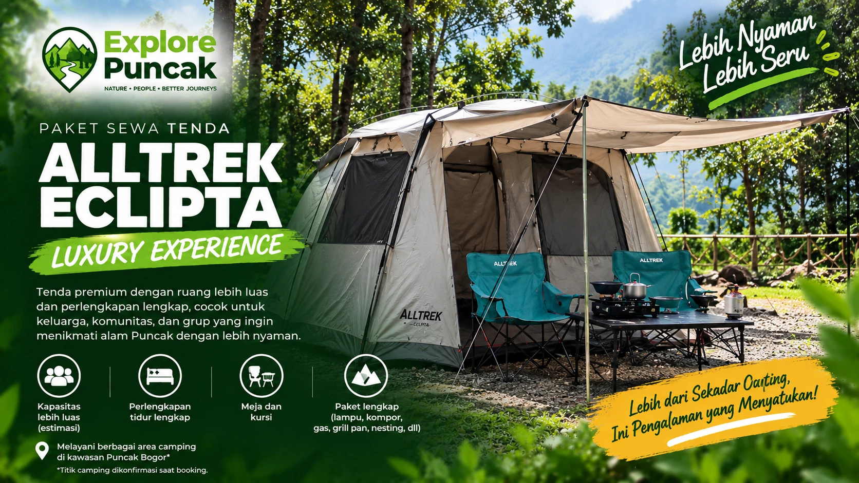 Paket sewa tenda Alltrek Eclipta premium di Puncak Bogor dengan perlengkapan camping lengkap untuk keluarga, komunitas, dan grup.