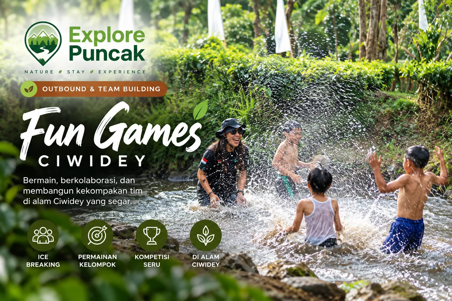 Fun Games Ciwidey Explore Puncak, aktivitas permainan kelompok dan kebersamaan di alam Ciwidey.