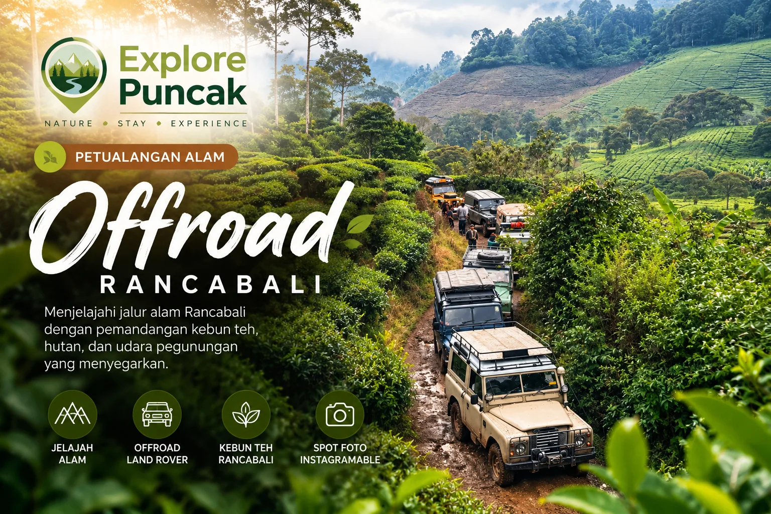 Offroad Rancabali Explore Puncak dengan Land Rover melintasi jalur alam dan perkebunan teh Rancabali.