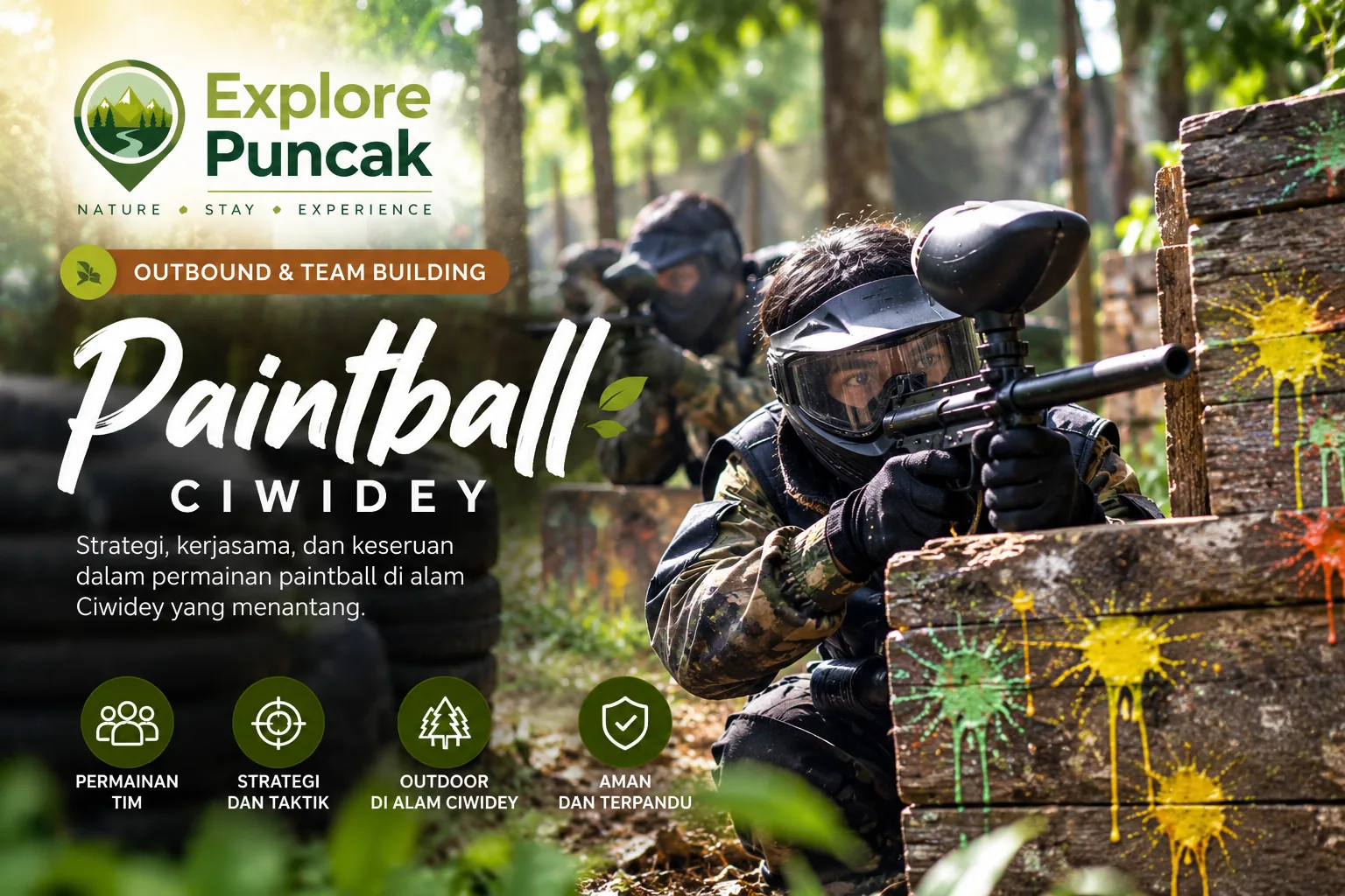 Paintball Ciwidey Explore Puncak, permainan tim dan strategi outdoor di kawasan alam Ciwidey.