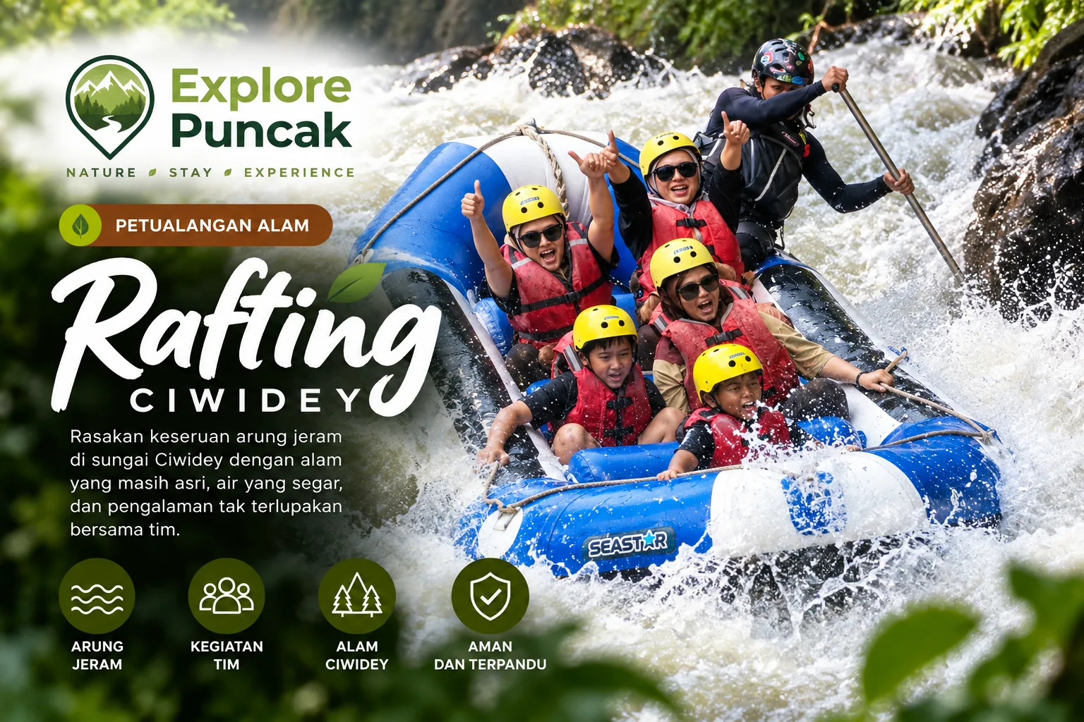 Rafting Ciwidey Explore Puncak, pengalaman arung jeram bersama tim di sungai kawasan Ciwidey.