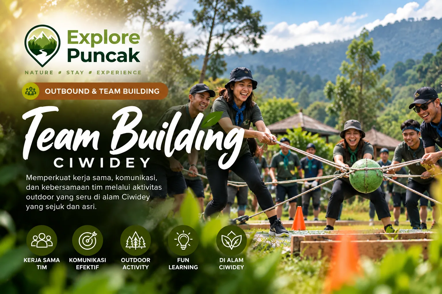 Team Building Ciwidey Explore Puncak, aktivitas outdoor untuk kerja sama dan komunikasi tim di Ciwidey.