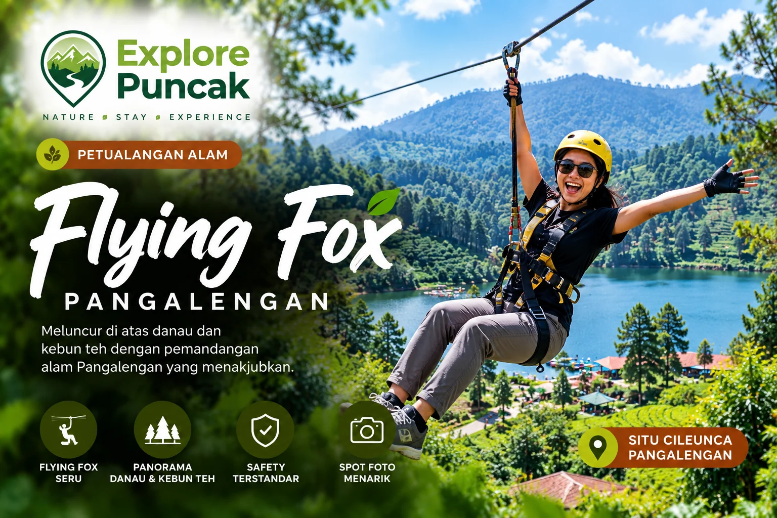 Flying fox Pangalengan dengan panorama Situ Cileunca dan perbukitan hijau, feature image aktivitas Explore Puncak.