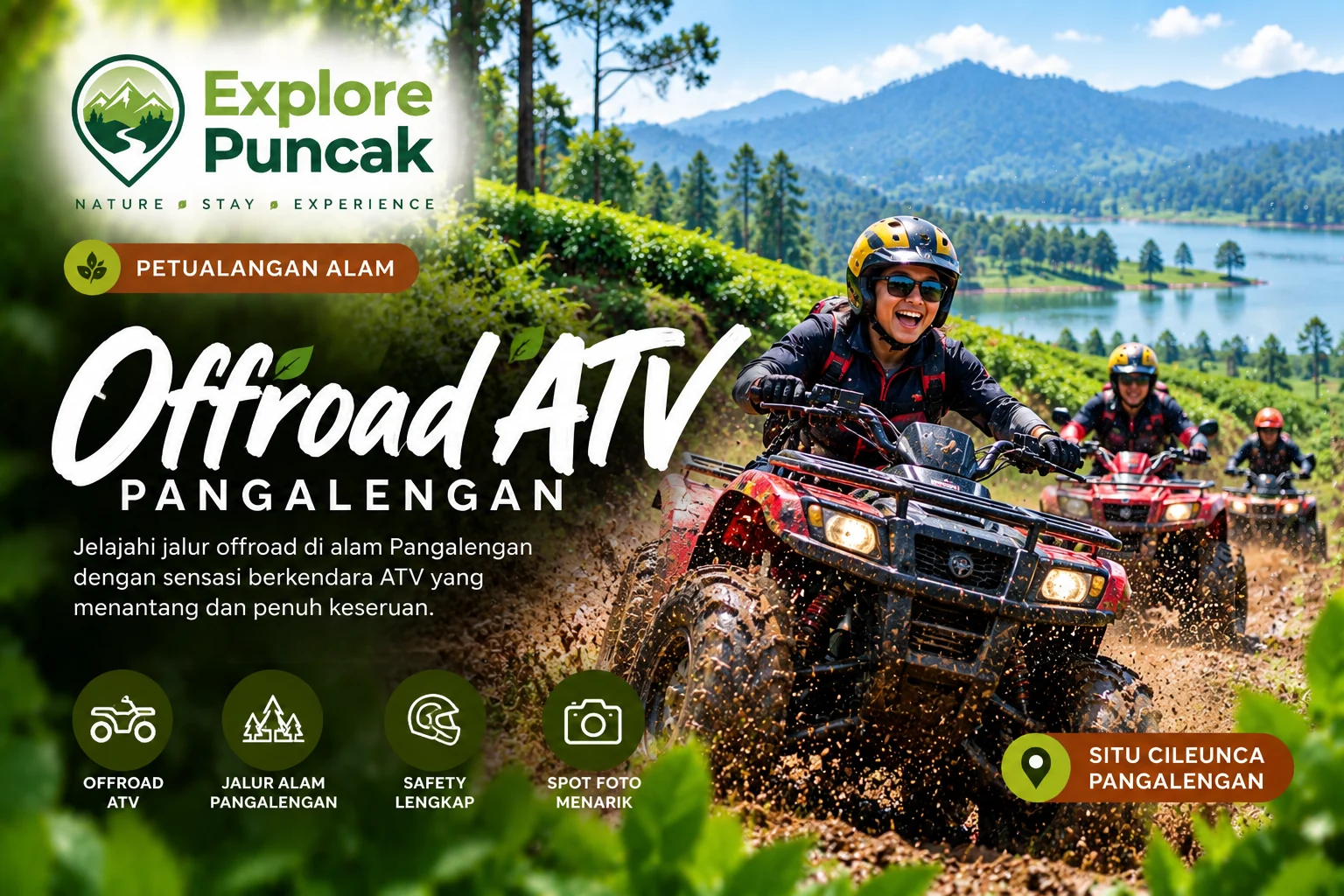 Offroad ATV Pangalengan bersama Explore Puncak di jalur alam berlumpur dengan panorama perbukitan dan kawasan Situ Cileunca.