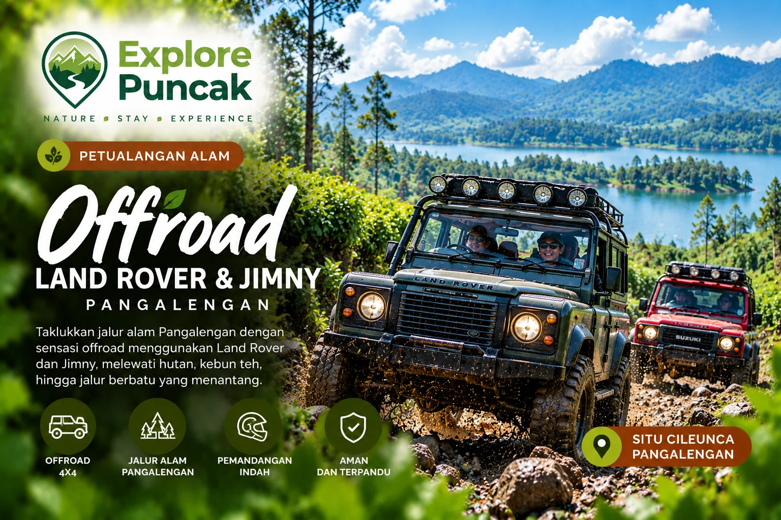 Offroad Land Rover dan Jimny Pangalengan bersama Explore Puncak di jalur alam dengan latar perbukitan hijau.