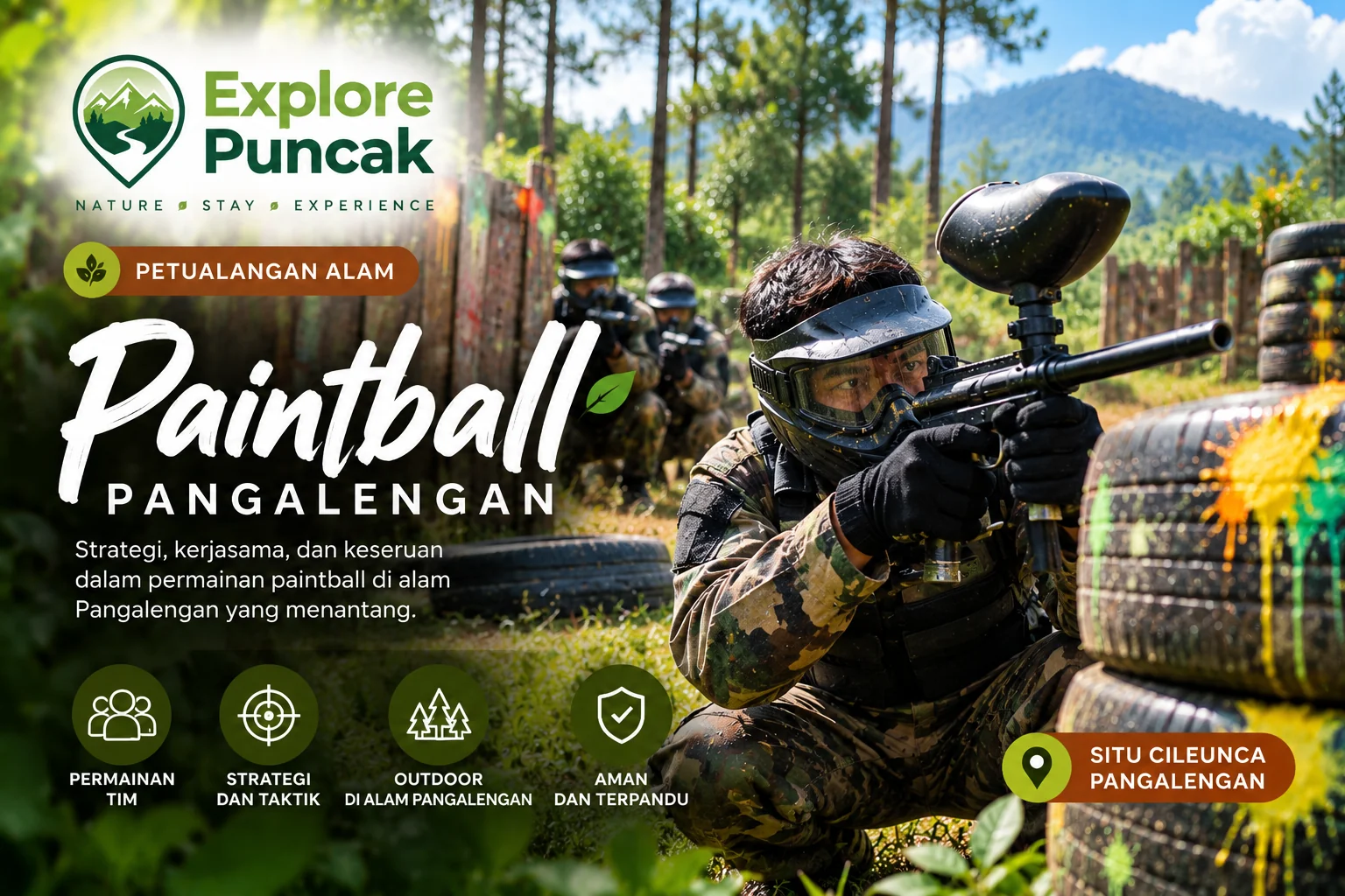 Paintball Pangalengan bersama Explore Puncak dengan pemain menggunakan masker pelindung dan perlengkapan paintball di area outdoor.