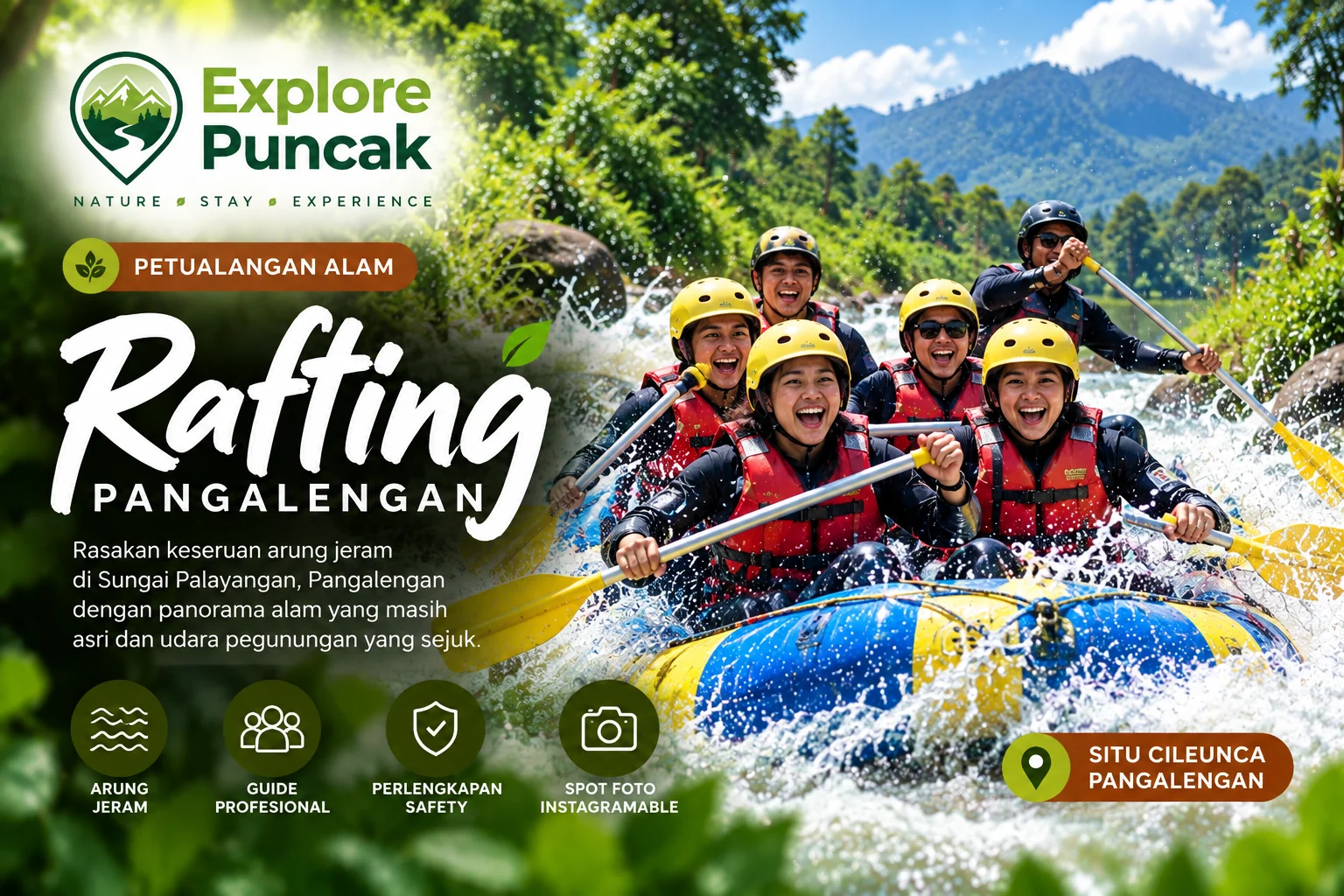 Rafting Pangalengan di Sungai Palayangan dekat Situ Cileunca bersama Explore Puncak dengan peserta menggunakan helm dan pelampung.