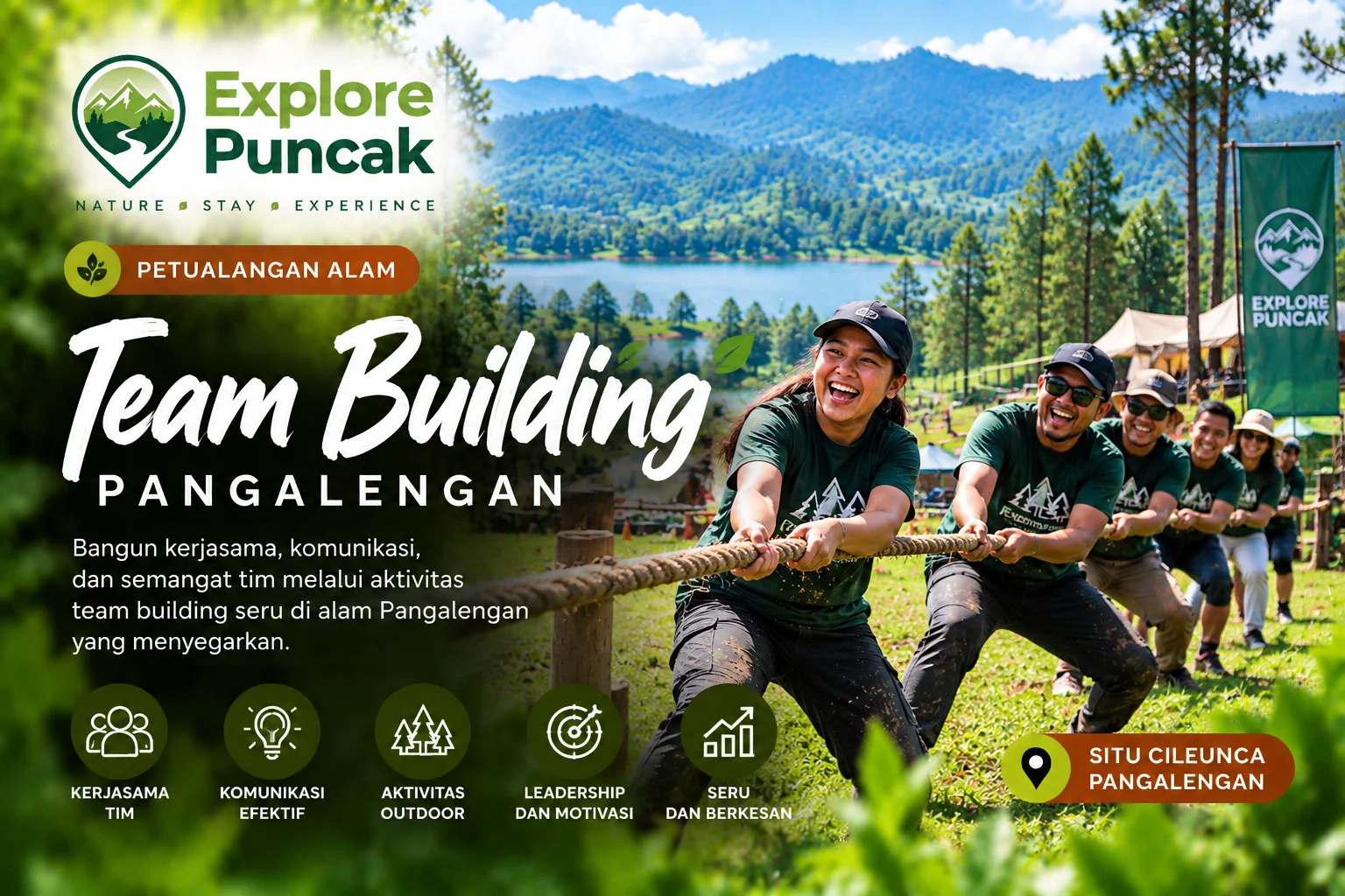Team building Pangalengan bersama Explore Puncak dengan aktivitas tarik tambang outdoor berlatar perbukitan dan kawasan Situ Cileunca.