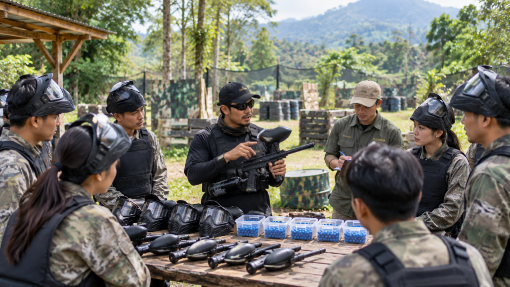 Briefing peserta outing Paintball Bogor dengan marker gun dan alokasi 30 peluru paintball per orang