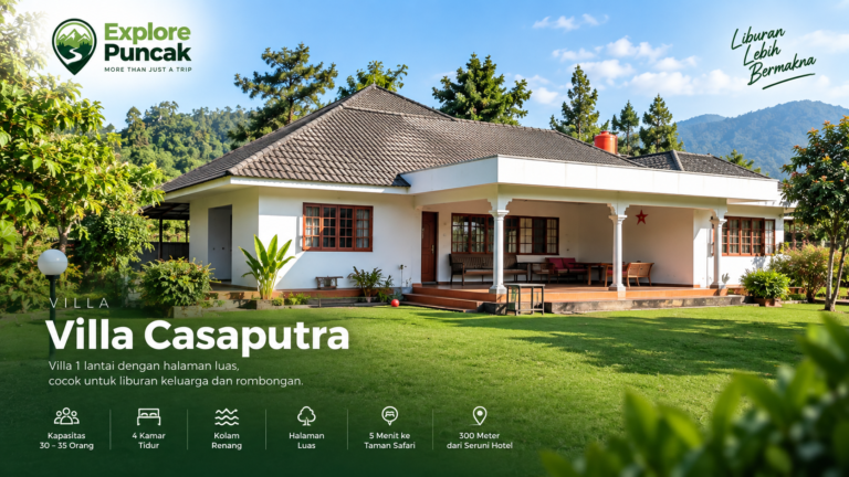 Villa Casaputra Puncak dekat Taman Safari dengan halaman luas, kolam renang dan kapasitas hingga 35 orang.