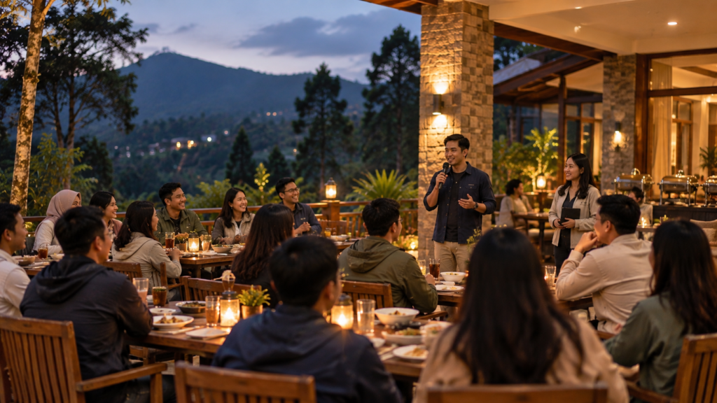 Karyawan mengikuti acara malam employee gathering 2D1N di Puncak Bogor dengan sesi sharing dan apresiasi setelah outbound