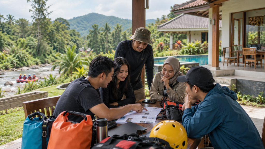 Rombongan menyusun agenda rafting Cisadane 2D1N dan menginap di Caringin Bogor