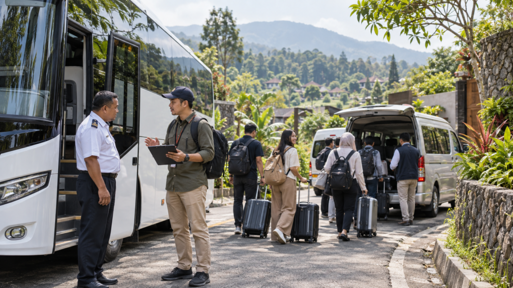 Koordinator rombongan mengecek titik drop-off bus dan shuttle menuju villa di Bogor