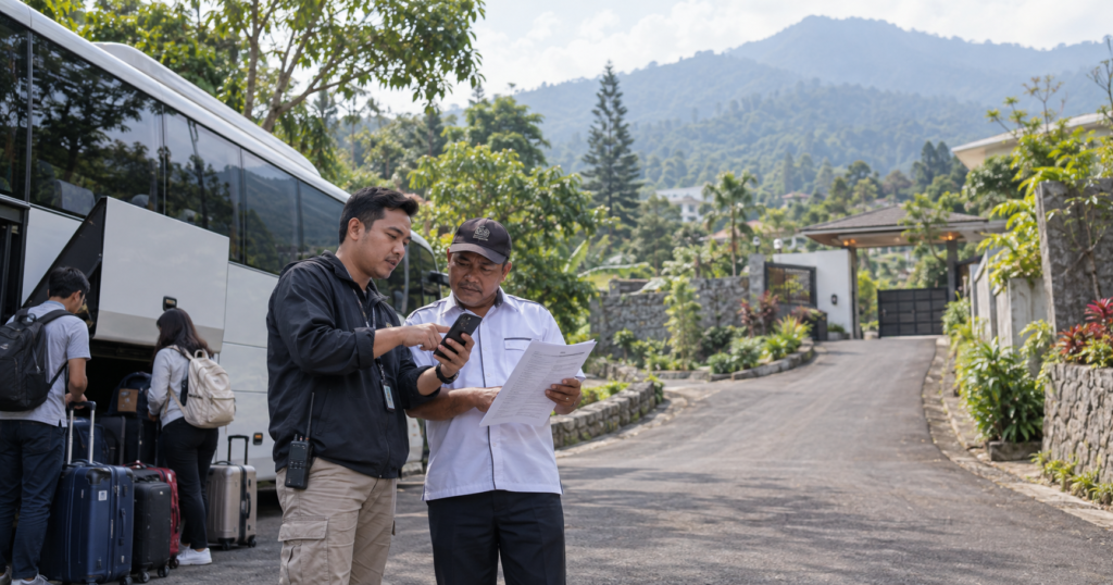 Koordinator rombongan dan sopir bus meninjau rute akses menuju villa di Puncak, dengan bus, bagasi, dan suasana hijau pegunungan Cisarua.