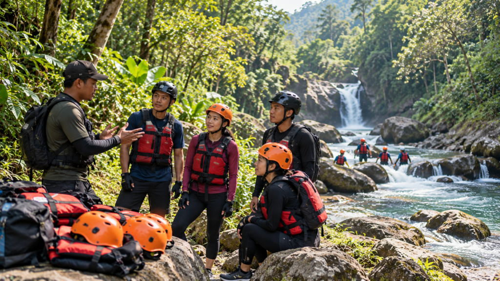 Peserta Jelajah 3 Curug bersiap untuk body rafting dan river trekking di Curug Naga, Megamendung, Bogor