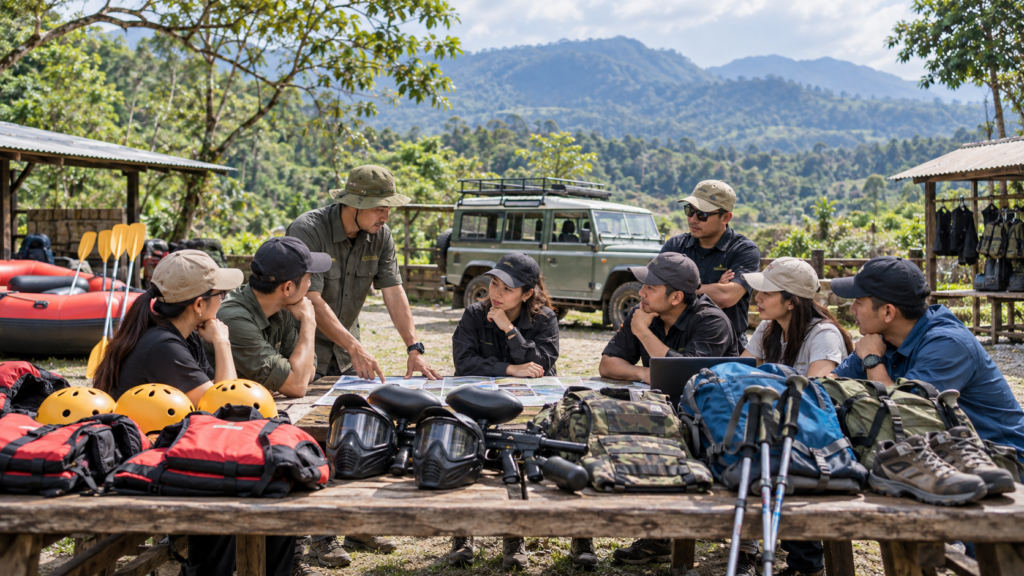 Perbandingan aktivitas outing Bogor untuk rombongan antara offroad, rafting, paintball, dan trekking