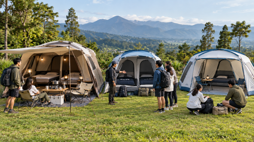 Perbandingan tenda Alltrek Eclipta, Arpenaz 4.2, dan Arpenaz 4.1 untuk camping keluarga dan grup di Puncak Bogor berdasarkan layout tidur, ruang hidup, dan kebutuhan perlengkapan.