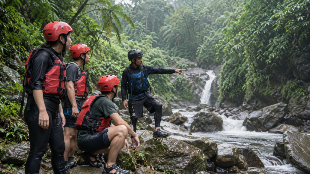 Body rafting Curug Naga saat hujan di Megamendung Bogor, peserta bersama guide mengevaluasi kondisi jalur dan sungai sebelum kegiatan.