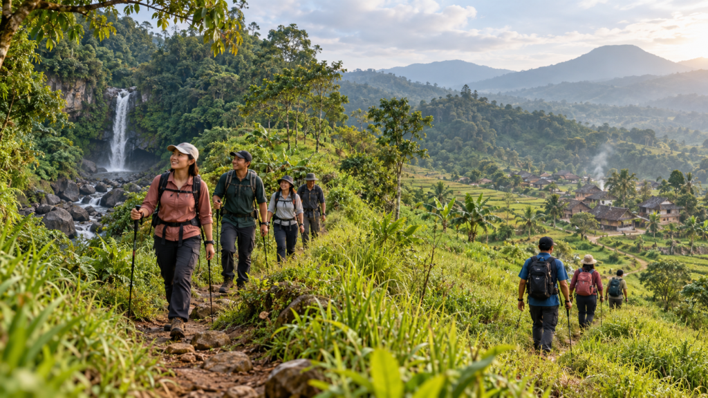Perbandingan karakter trekking Bukit Paniisan dan Bukit Cisadon di Sentul Bogor dengan jalur perbukitan, area air terjun, dan suasana kampung di sepanjang rute.