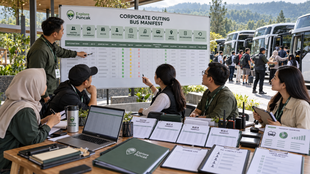 Tim HR dan GA menyusun bus manifest untuk outing kantor di Bandung dengan pembagian peserta, PIC bus, status boarding, dan koordinasi transportasi rombongan.