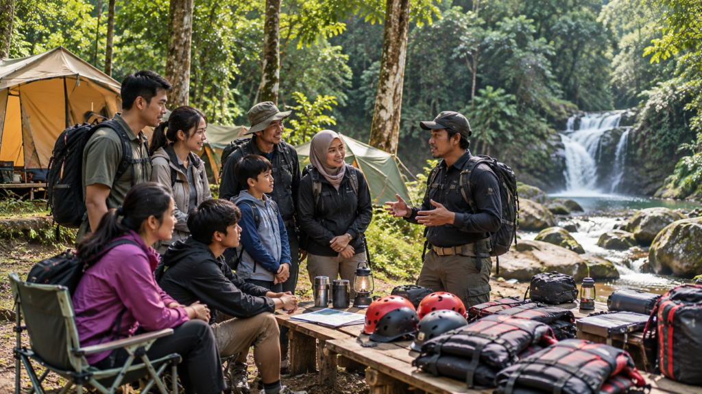 Keluarga dan peserta Camping Curug Naga 2H1M di Megamendung Bogor berdiskusi dengan guide sebelum jelajah tiga curug