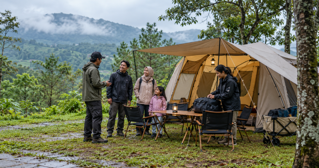 Camping Puncak saat musim hujan dengan keluarga Indonesia mengecek setup tenda rental di camping ground Bogor setelah hujan.