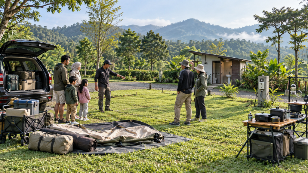 Keluarga dan koordinator rental mengecek camping ground di Puncak Bogor sebelum pemasangan tenda, termasuk area rumput, akses mobil, toilet, titik listrik, dan area memasak.