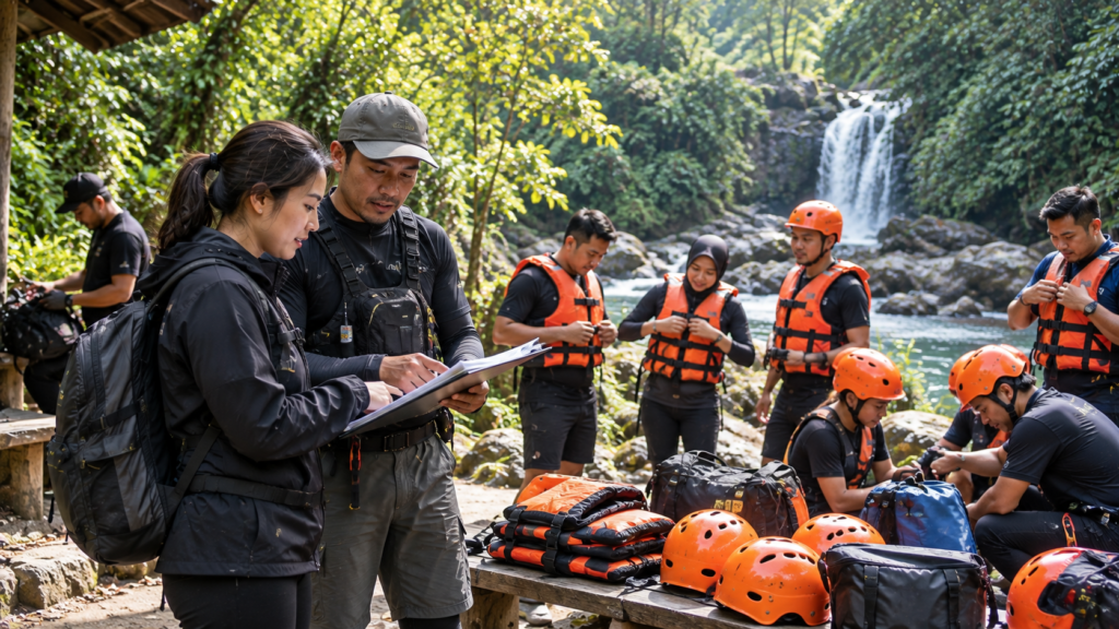 HR dan GA berkoordinasi dengan pemandu saat peserta Corporate Gathering Curug Naga menyiapkan helm dan pelampung di Megamendung Bogor
