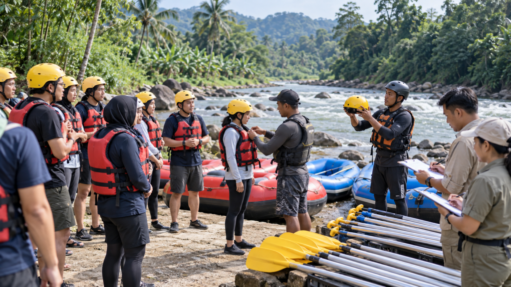 Koordinator HR GA dan peserta outing perusahaan mengikuti briefing keselamatan rafting Cisadane di Caringin Bogor sebelum arung jeram