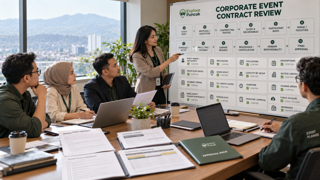 Tim HR, GA, procurement, dan perwakilan vendor meninjau checklist kontrak EO, venue, dan vendor untuk corporate event di Bandung sebelum persetujuan final.