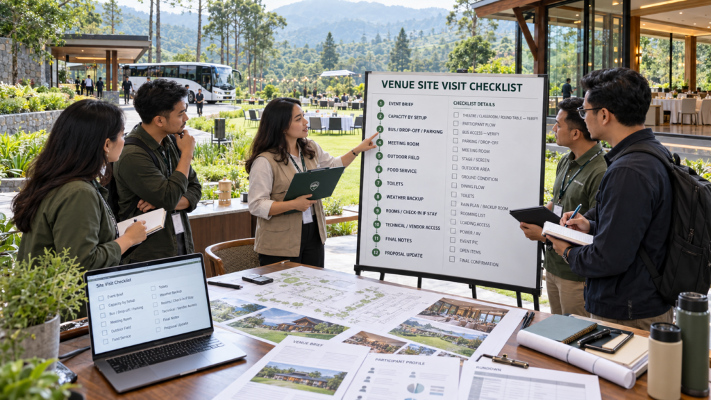 Tim HR dan GA melakukan site visit venue gathering di Bandung dengan mengecek kapasitas setup, akses bus, meeting room, area outdoor, dining, toilet, dan ruang cadangan acara.