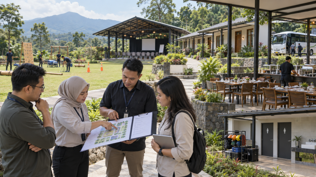 HR GA meninjau venue outbound 2D1N di Bogor dengan lapangan, ruang cadangan, penginapan, area makan, akses bus, dan fasilitas pendukung kegiatan.