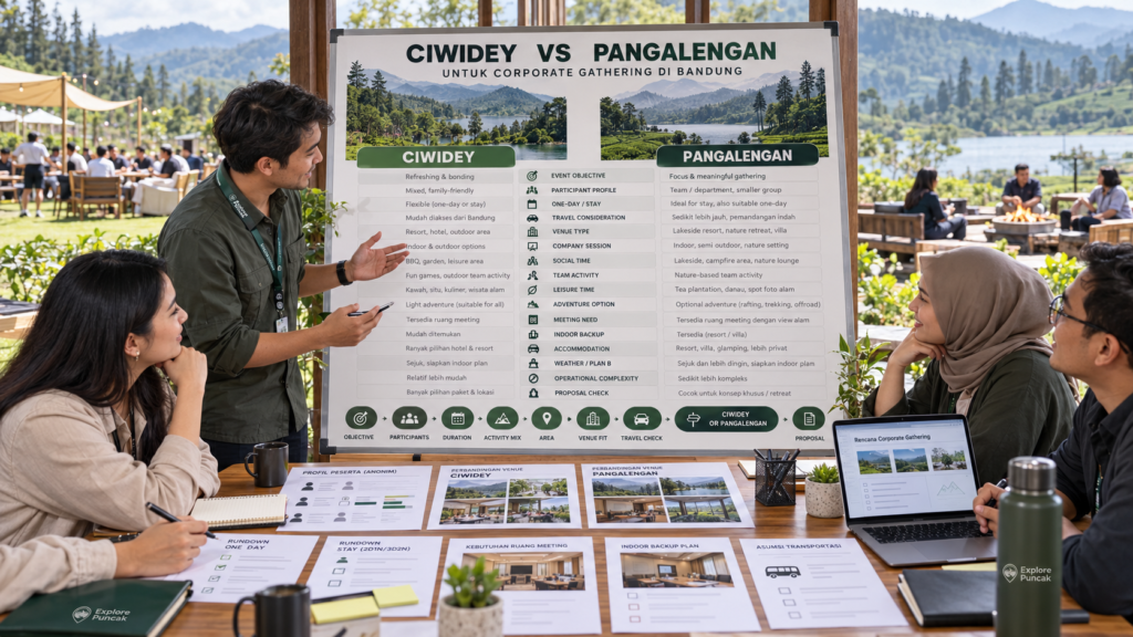 Tim HR/GA membandingkan Ciwidey dan Pangalengan untuk gathering perusahaan di Bandung berdasarkan venue, aktivitas, durasi, perjalanan, dan Plan B.