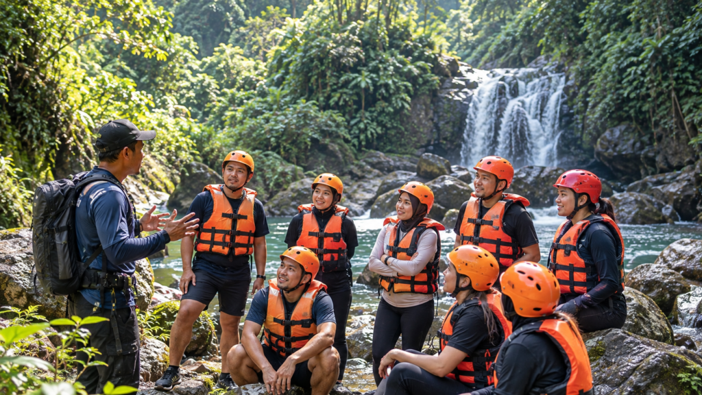 Corporate gathering Curug Naga di Megamendung Bogor dengan tim perusahaan mengikuti briefing sebelum team building dan aktivitas outdoor