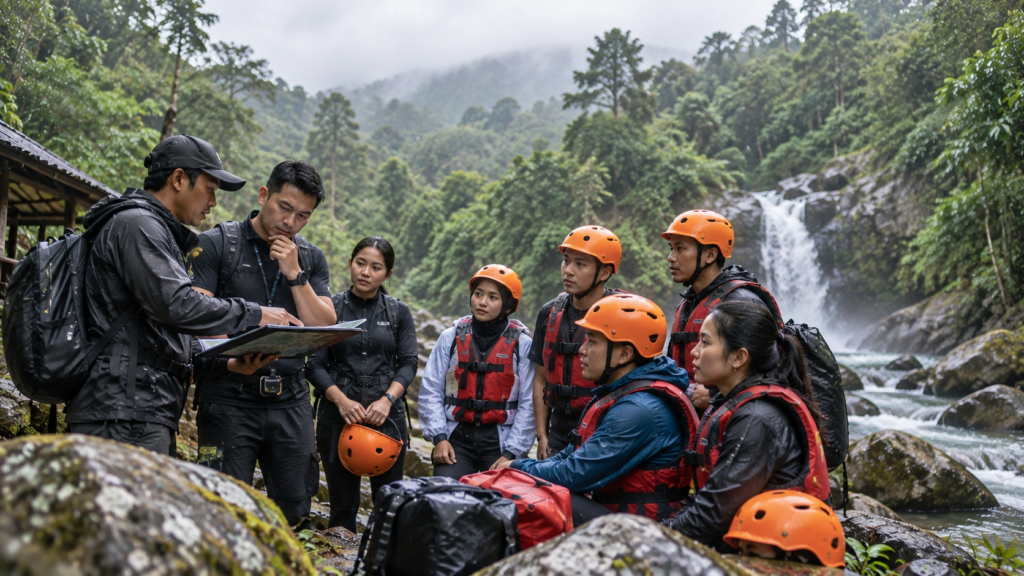 Briefing corporate gathering Curug Naga saat hujan sebelum river trekking dan body rafting bersama guide di Megamendung, Bogor.