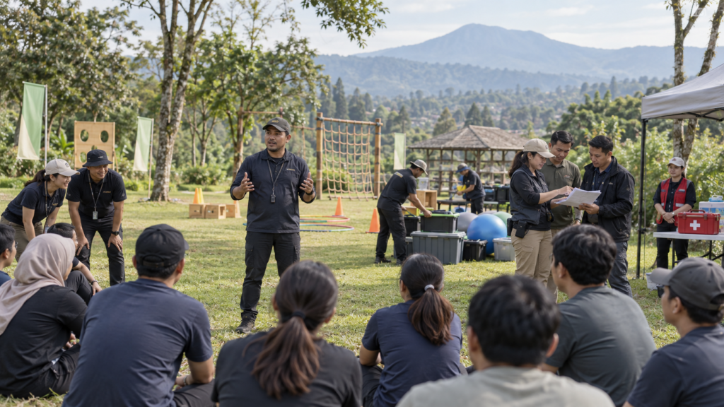Crew outbound Bogor dengan Games Master, fasilitator, logistik, dan Medic saat briefing program outbound perusahaan satu hari di area pegunungan Bogor.