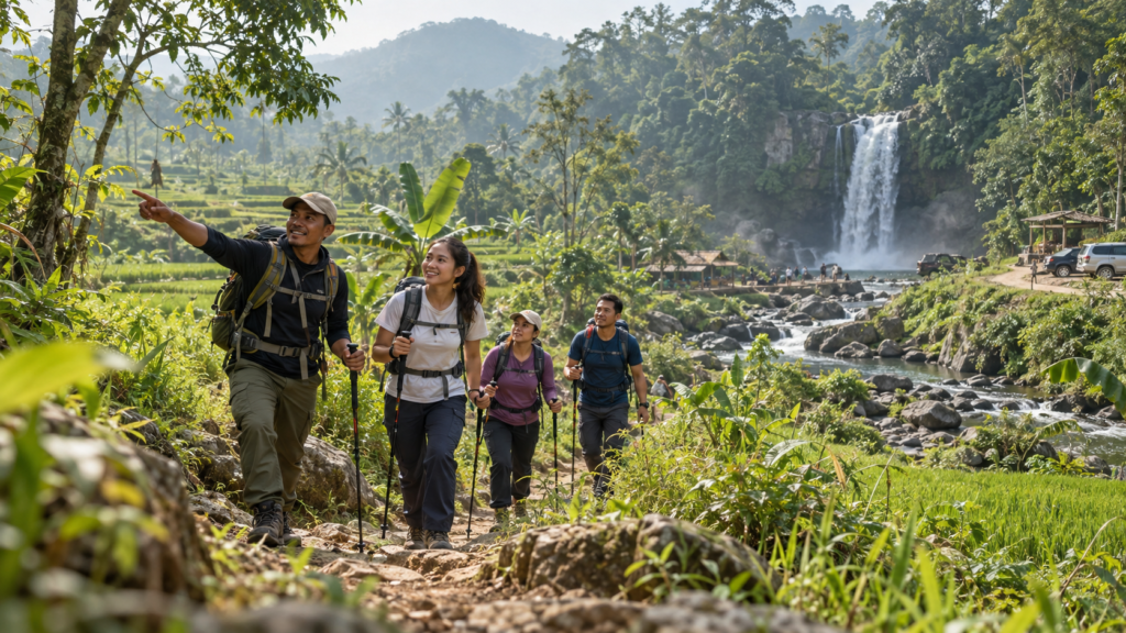 Rombongan trekking bersama guide lokal di jalur alam Curug Bidadari Sentul Bogor dengan latar sawah, perkebunan, air terjun, dan akses kendaraan di area destinasi.