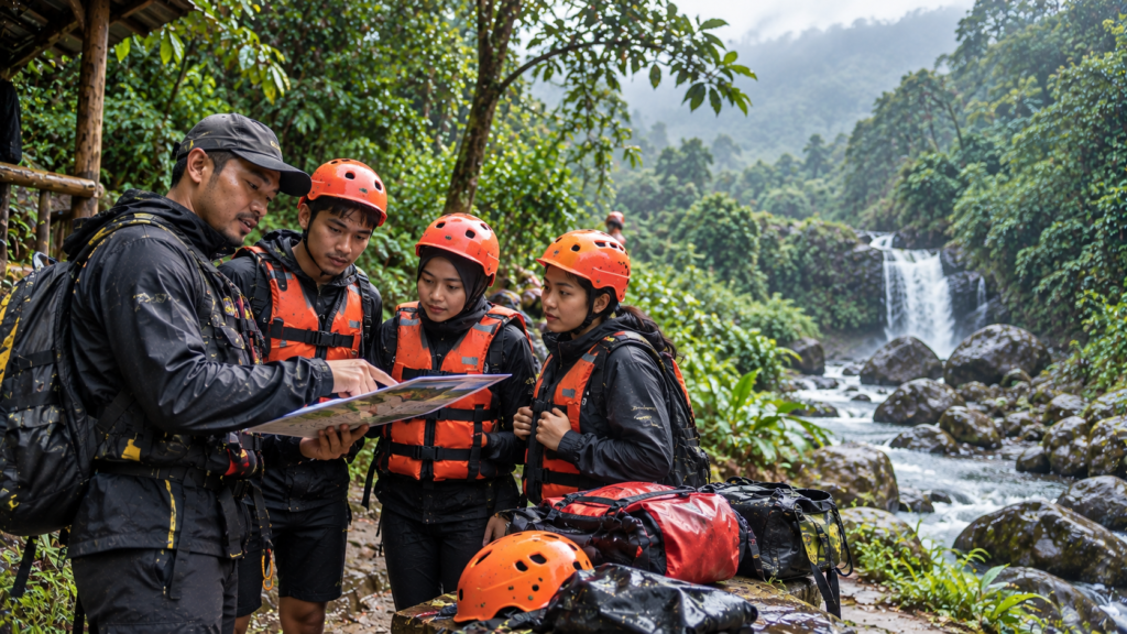 Pemandu dan peserta mengecek kondisi sebelum Jelajah 3 Curug saat cuaca mendung di Curug Naga Megamendung Bogor