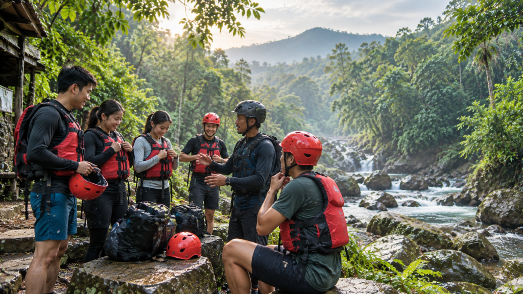 Peserta Jelajah 3 Curug bersiap pagi bersama pemandu untuk trekking dan body rafting Curug Naga di Megamendung, Bogor.
