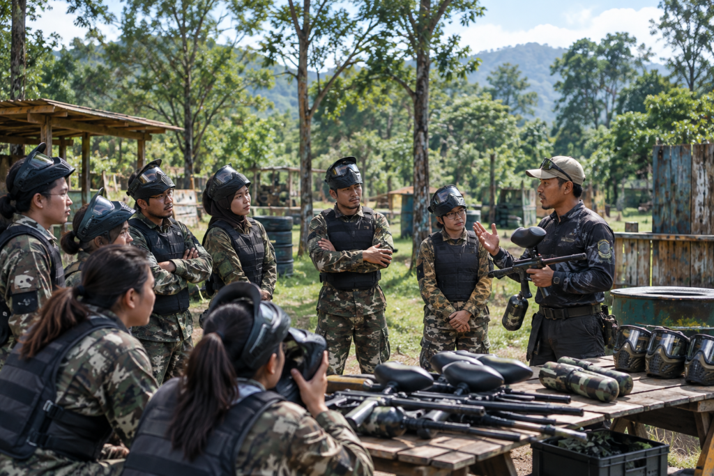 Peserta outing perusahaan mengikuti safety briefing sebelum kegiatan paintball Bogor 1–2 jam
