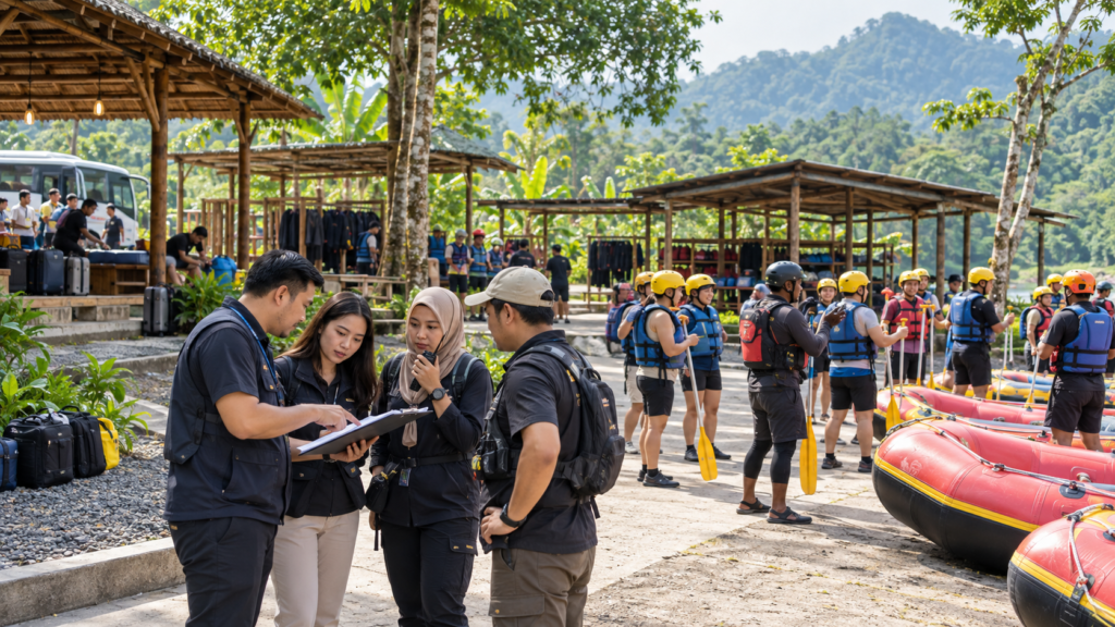 Tim HR dan GA perusahaan mengoordinasikan hari kedua outing 2D1N di base rafting Cisadane Caringin Bogor, dengan peserta bersiap untuk rafting 11 km menggunakan helm, pelampung, dan perahu karet.