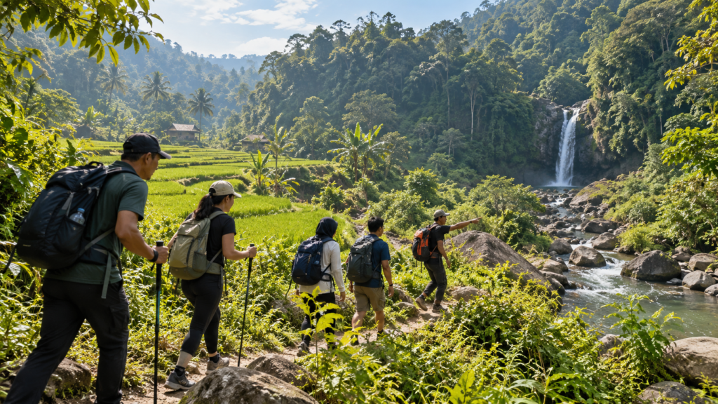Rombongan trekking bersama guide lokal menyusuri jalur Curug Bidadari Sentul melalui persawahan, perkebunan, dan sungai dalam perjalanan trekking 3,5 km.