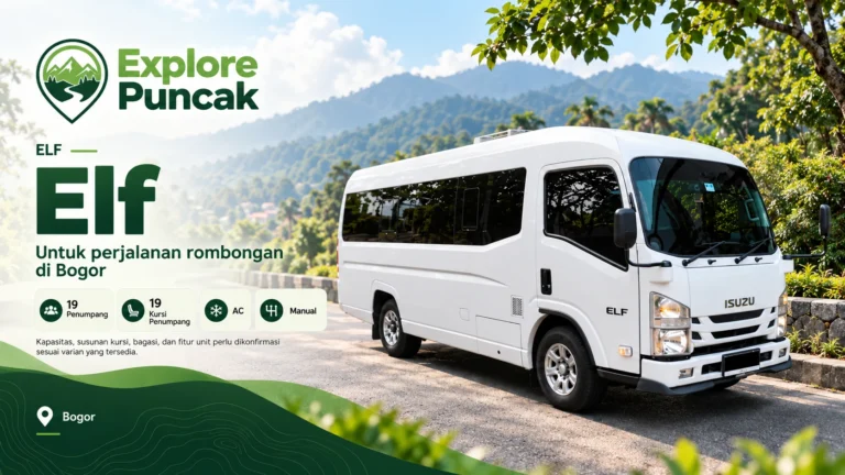Elf putih Explore Puncak untuk perjalanan rombongan di Bogor, kapasitas 19 penumpang