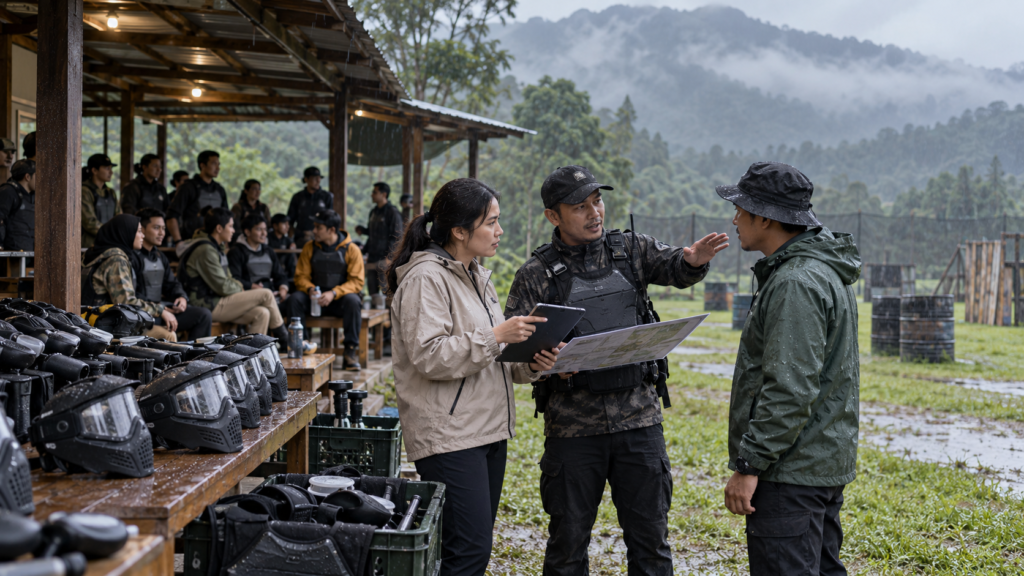 Koordinator HR dan GA bersama instruktur paintball mengevaluasi kondisi cuaca saat hujan di venue outing perusahaan 2 hari 1 malam di Bogor.
