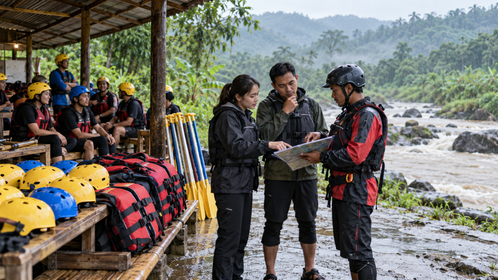 Koordinator HR dan GA bersama operator rafting meninjau kondisi cuaca dan sungai sebelum kegiatan rafting Cisadane untuk outing perusahaan di Bogor.