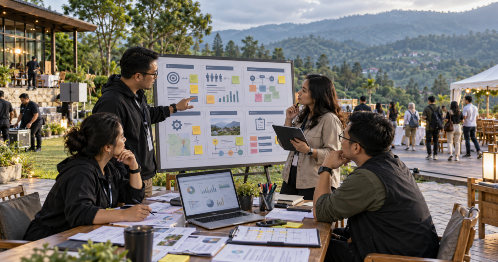 Tim HR/GA, event coordinator, dan perwakilan manajemen mengevaluasi gathering perusahaan setelah acara di venue dataran tinggi Bandung.