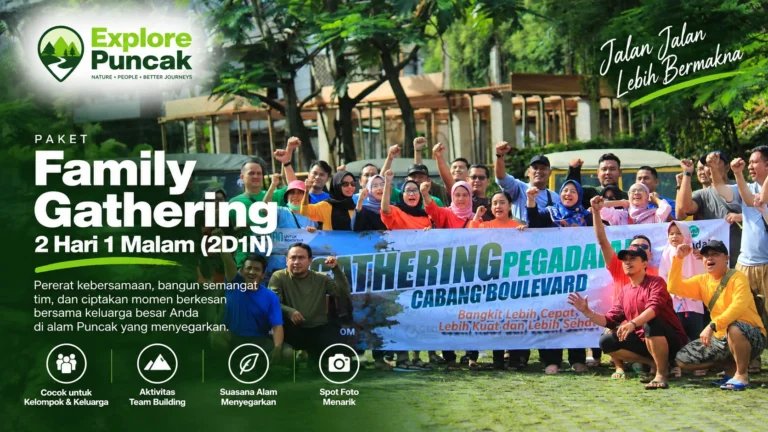 Paket Family Gathering 2 hari 1 malam di Puncak Bogor bersama Explore Puncak dengan aktivitas team building, suasana alam, dan kebersamaan kelompok.