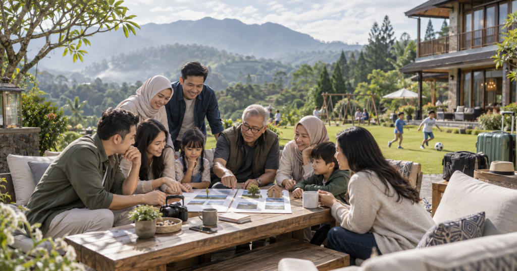 Keluarga besar multigenerasi berdiskusi memilih family gathering 1 hari atau 2D1N di venue pegunungan Puncak Bogor dengan suasana alam yang nyaman.