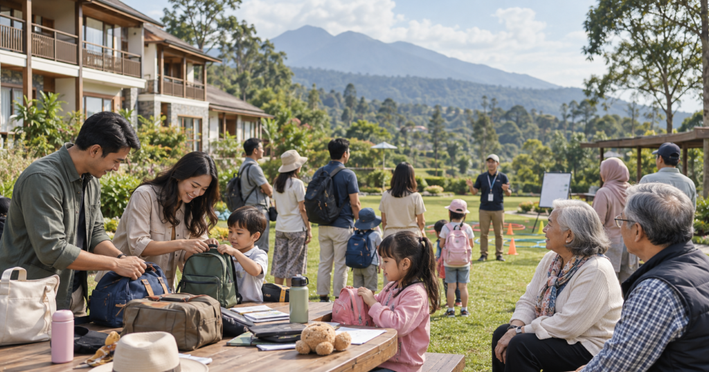 Family gathering dengan anak kecil 2D1N di Puncak Bogor, keluarga lintas generasi menyiapkan perlengkapan anak sebelum aktivitas